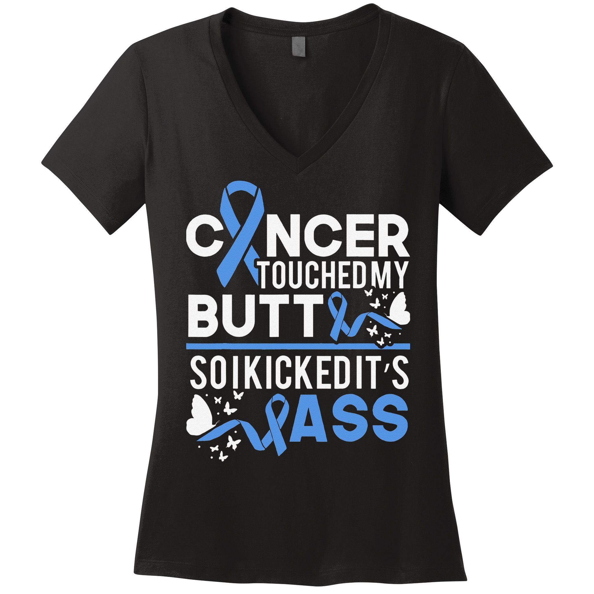 i kicked cancers butt Colon cancer awareness Women's V-Neck T-Shirt