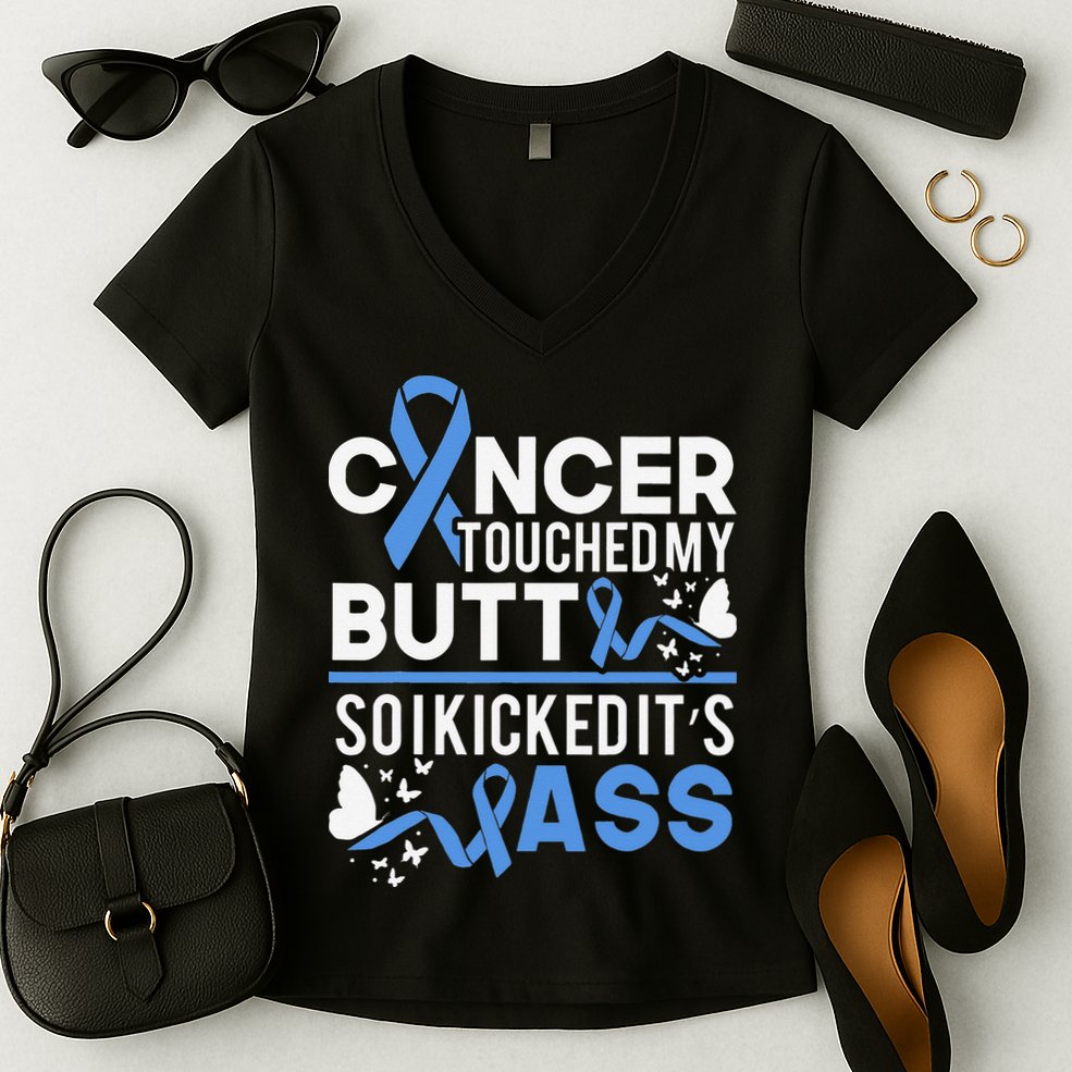 i kicked cancers butt Colon cancer awareness Women's V-Neck T-Shirt