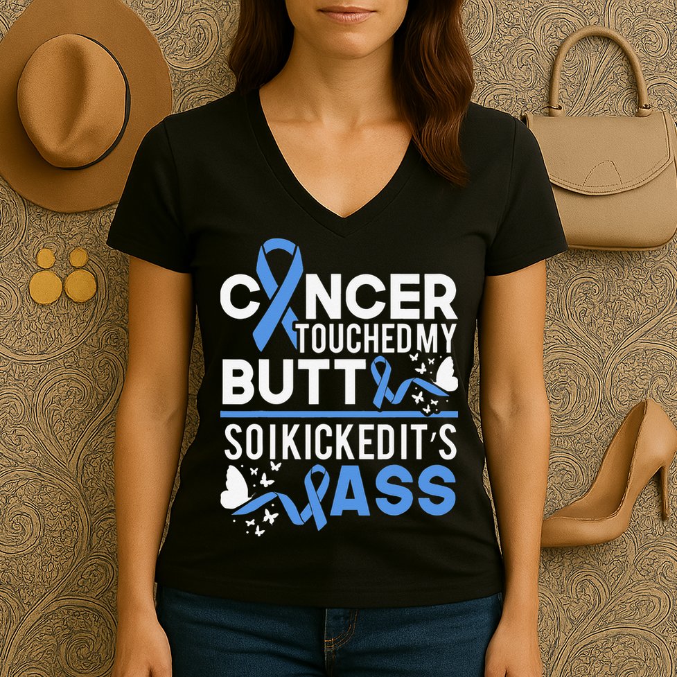 i kicked cancers butt Colon cancer awareness Women's V-Neck T-Shirt