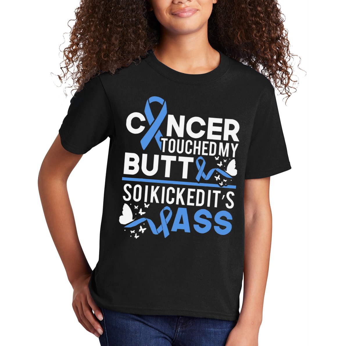 i kicked cancers butt Colon cancer awareness Kids T-Shirt