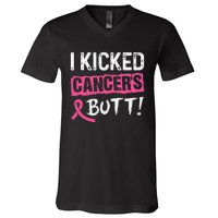 I Kicked Cancer's Butt Pink Ribbon Breast Cancer Awareness V-Neck T-Shirt