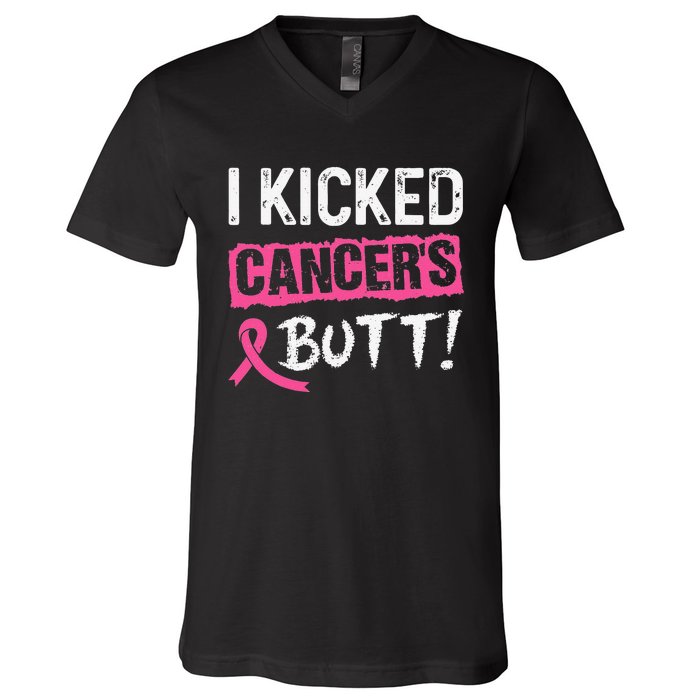 I Kicked Cancer's Butt Pink Ribbon Breast Cancer Awareness V-Neck T-Shirt