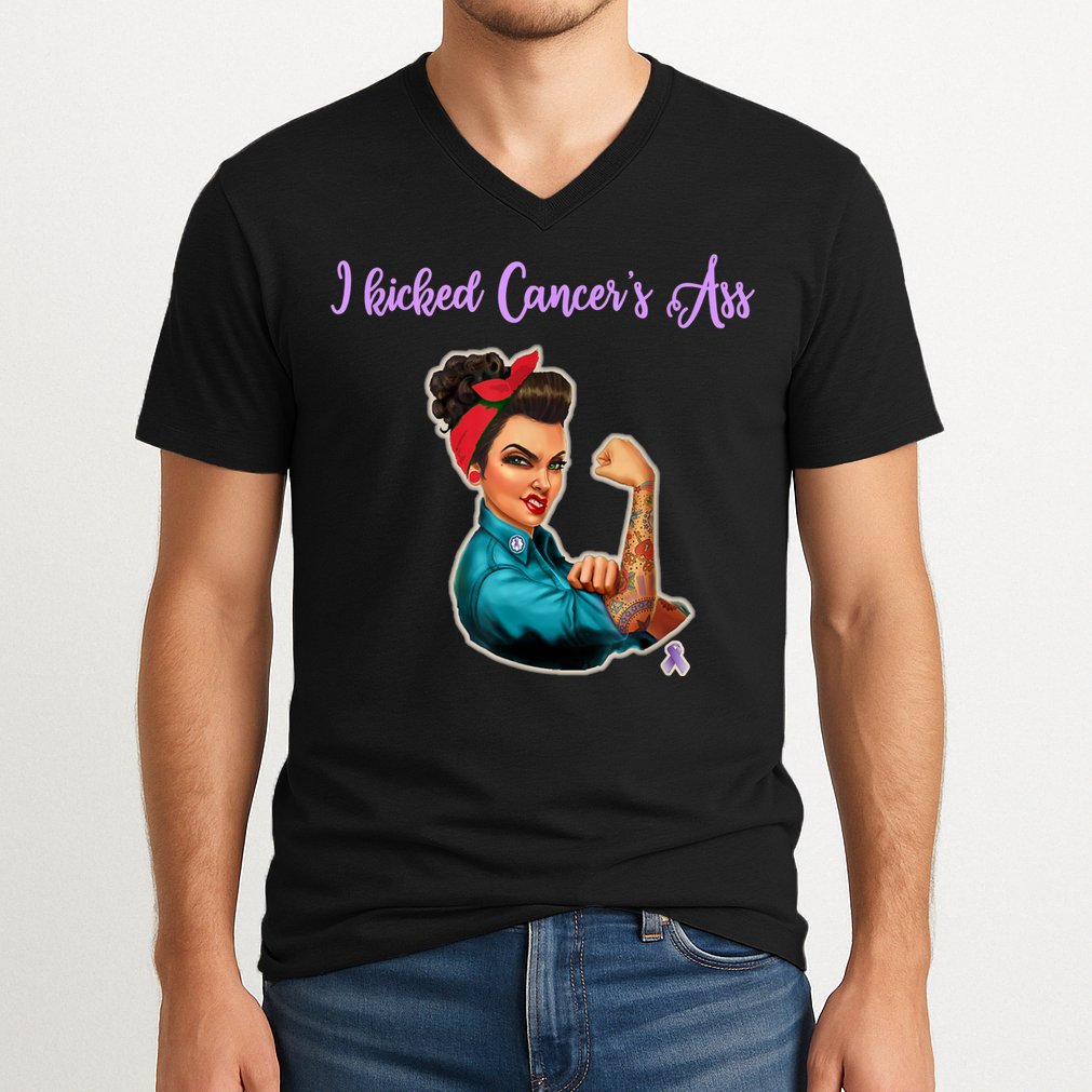 I Kicked Cancers Ass Cancer Survivors V-Neck T-Shirt