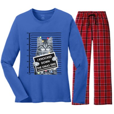 I Knocked Down The Xmas Tree Funny Christmas Kitty Cat Lover Gift Women's Long Sleeve Flannel Pajama Set 