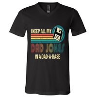 I Keep Dad Jokes In A Dad A Base Funny Fathers Day V-Neck T-Shirt