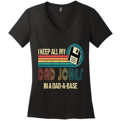 I Keep Dad Jokes In A Dad A Base Funny Fathers Day Women's V-Neck T-Shirt