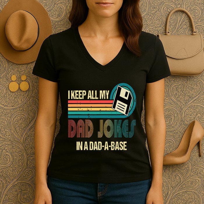 I Keep Dad Jokes In A Dad A Base Funny Fathers Day Women's V-Neck T-Shirt