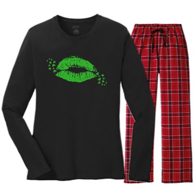 Irish Kisses Green Lips Saint Patrick's Day Paddy's Day Women's Long Sleeve Flannel Pajama Set 