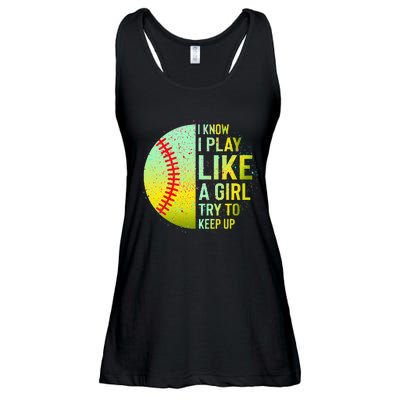 I Know I Play Like A Girl Funny Softball Baseball Ladies Essential Flowy Tank