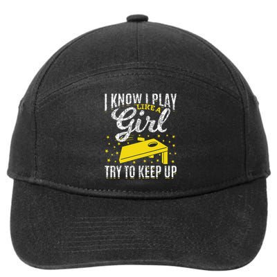 I Know I Play Like A Girl Funny Cornhole Player Toss Sports 7-Panel Snapback Hat