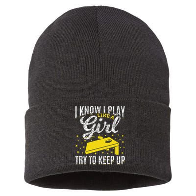 I Know I Play Like A Girl Funny Cornhole Player Toss Sports Sustainable Knit Beanie