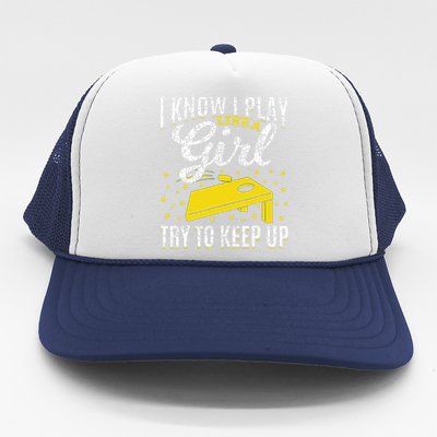 I Know I Play Like A Girl Funny Cornhole Player Toss Sports Trucker Hat