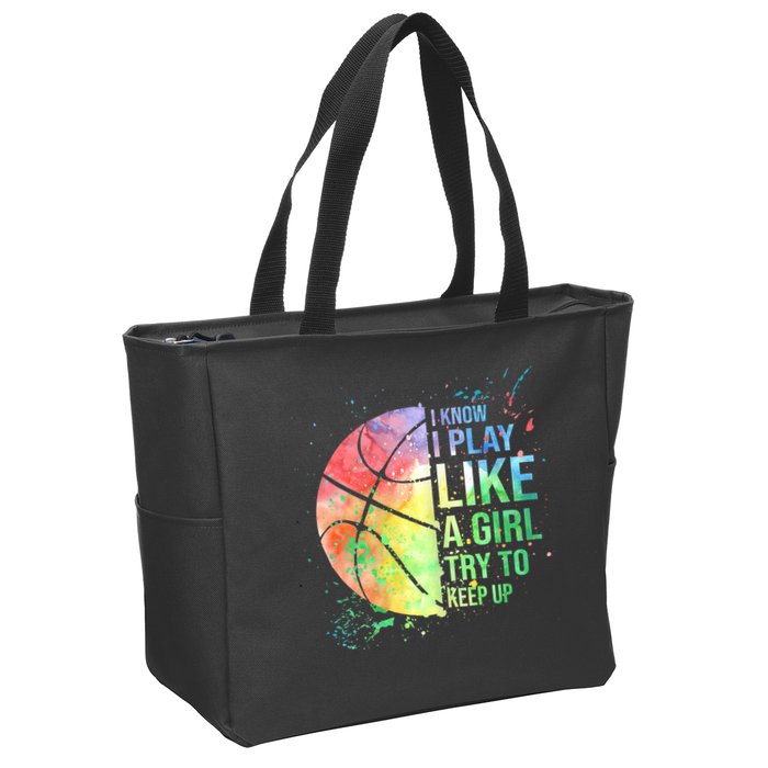 I Know I Play Like A Girl Try To Keep Up Basketball Tshirt TShirt Zip Tote Bag
