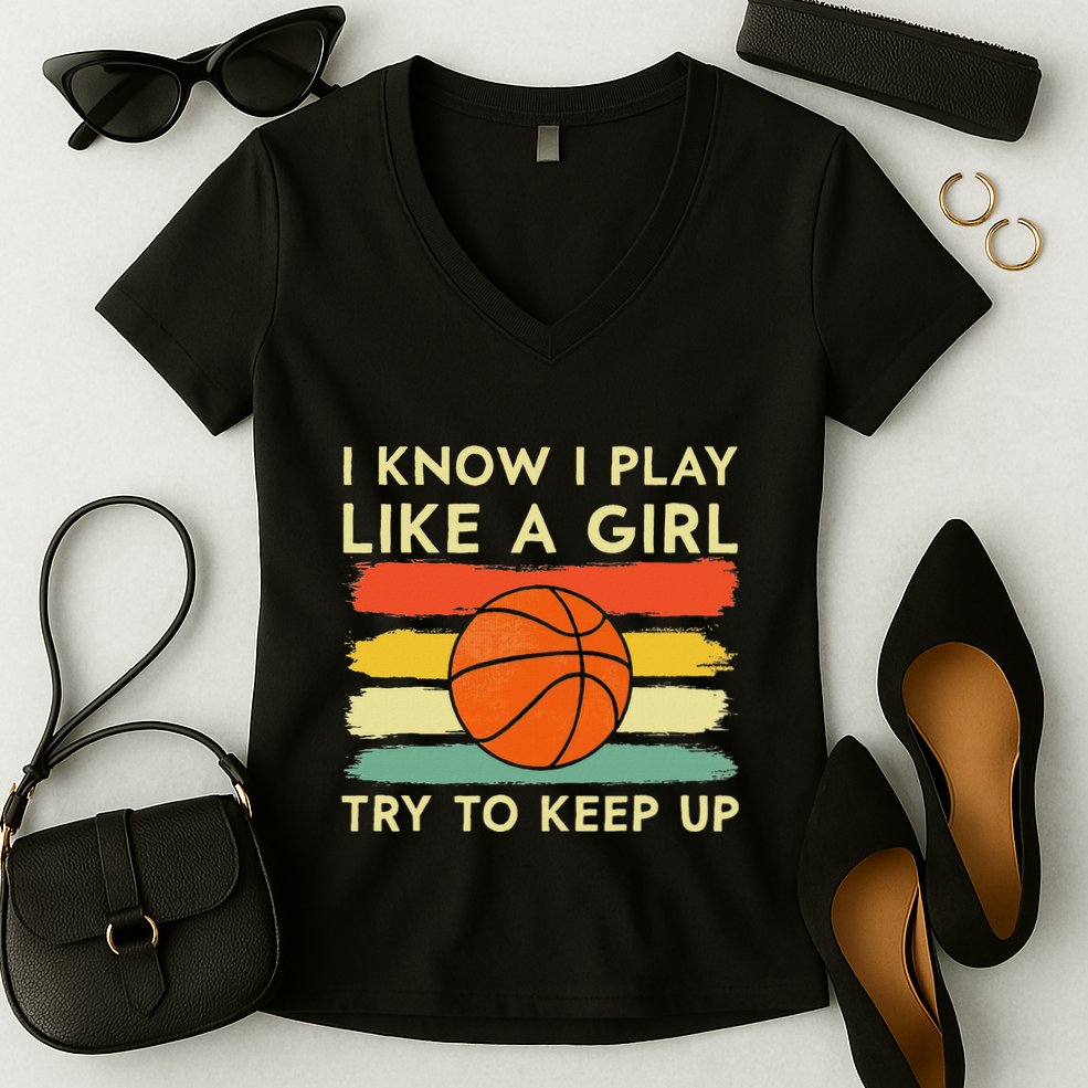 I Know I Play Like A Girl Try To Keep Up Basketball Player Women's V-Neck T-Shirt