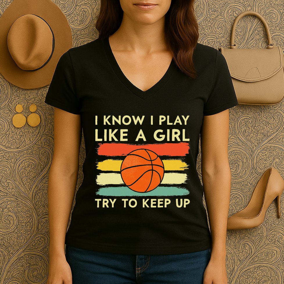 I Know I Play Like A Girl Try To Keep Up Basketball Player Women's V-Neck T-Shirt