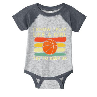 I Know I Play Like A Girl Try To Keep Up Basketball Player Infant Baby Jersey Bodysuit