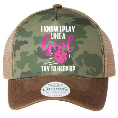 I Know I Play Like A Girl Try To Keep Up Pickleball Gift Legacy Tie Dye Trucker Hat
