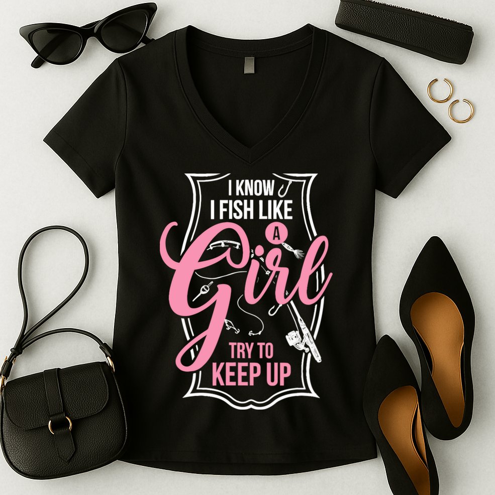 I Know I Fish Like A Girl Try To Keep Up Women's V-Neck T-Shirt