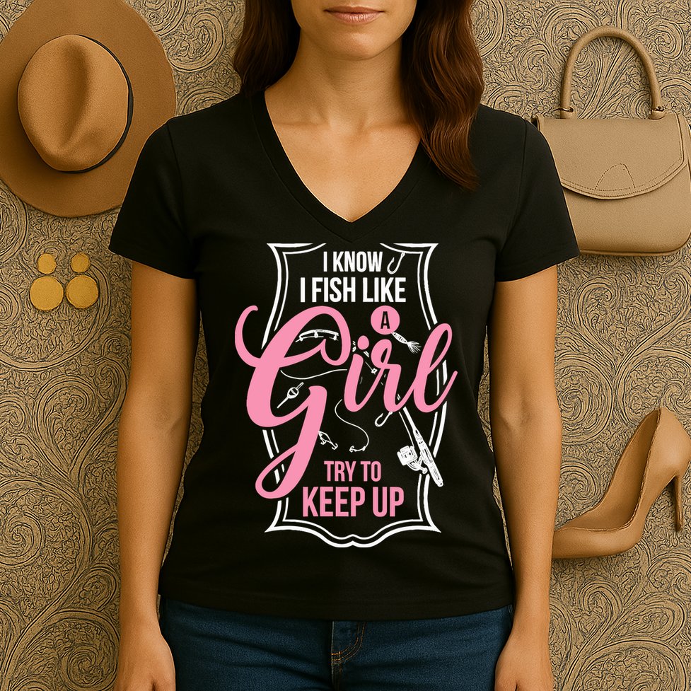 I Know I Fish Like A Girl Try To Keep Up Women's V-Neck T-Shirt