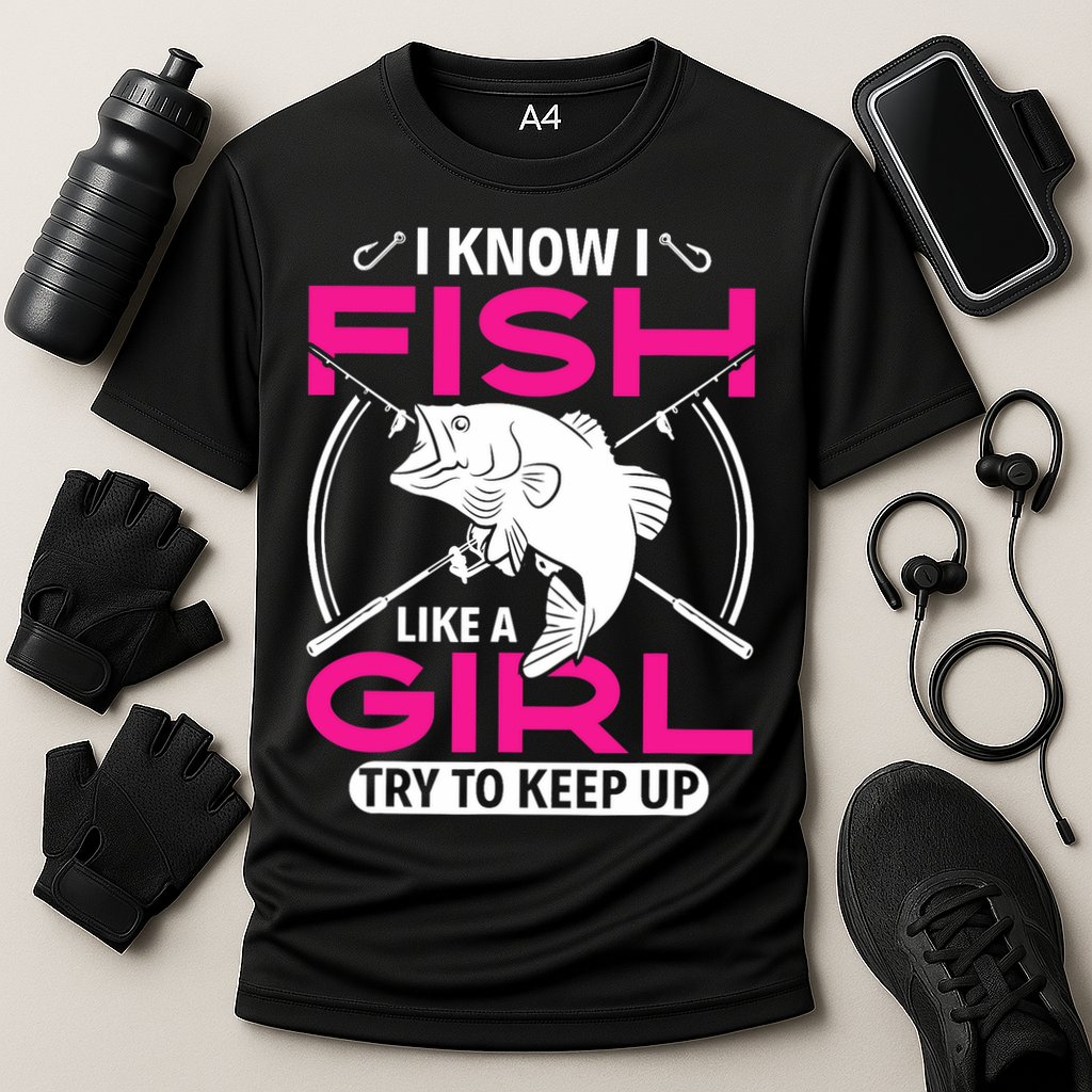 I know I fish like a girl try to keep up funny fishing Cooling Performance Crew T-Shirt
