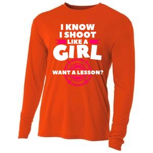 I Know I Shoot Like A Want A Lesson Bow Hunting Gift Cooling Performance Long Sleeve Crew