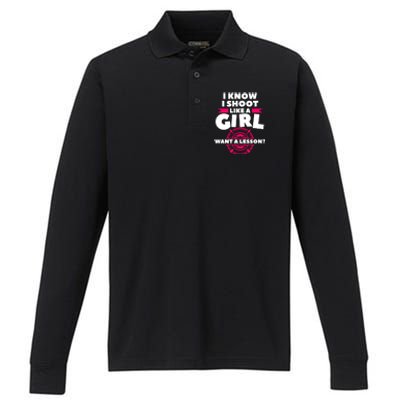 I Know I Shoot Like A Want A Lesson Bow Hunting Gift Performance Long Sleeve Polo