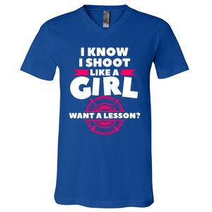 I Know I Shoot Like A Want A Lesson Bow Hunting Gift V-Neck T-Shirt