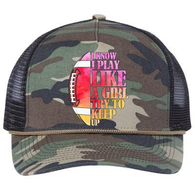 I Know I Play Like A Girl Try To Keep Up Football Game Day Retro Rope Trucker Hat Cap