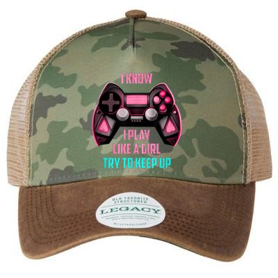 I Know I Play Like A Girl Funny Gamer Legacy Tie Dye Trucker Hat