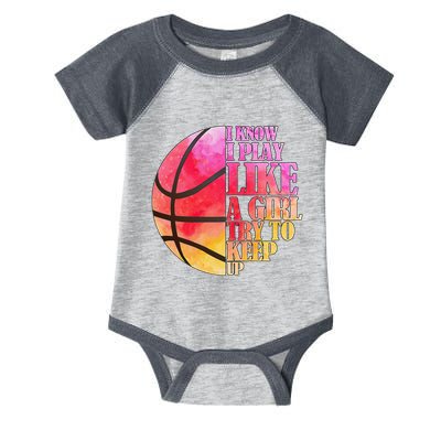 I Know I Play Like A Girl Try To Keep Up Basketball Infant Baby Jersey Bodysuit