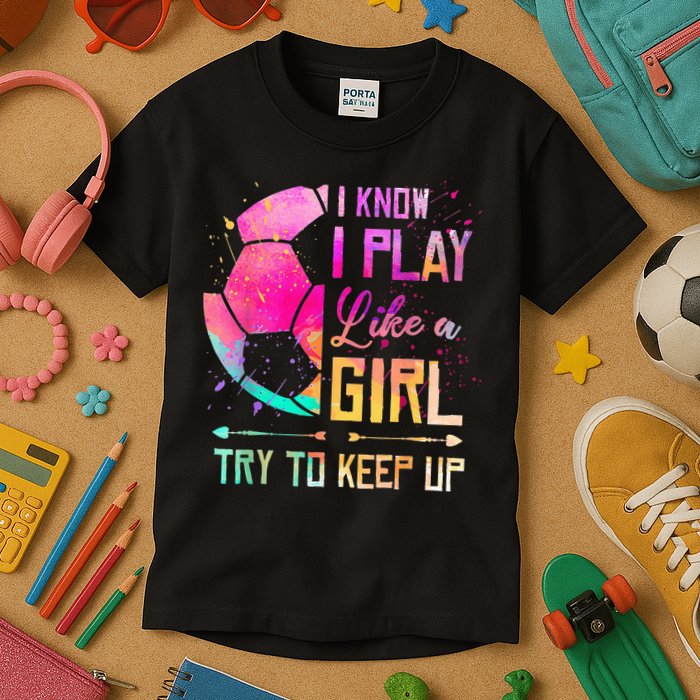 I know I Play Like A Girl Try To Keep Up Funny Soccer Kids T-Shirt