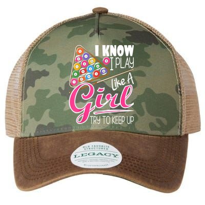 I Know I Play Like A Girl Funny 8Ball Pool Billiard Player Legacy Tie Dye Trucker Hat