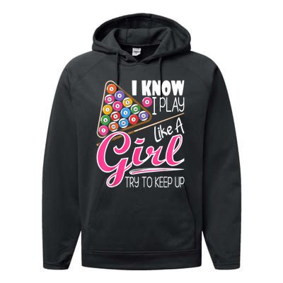 I Know I Play Like A Girl Funny 8Ball Pool Billiard Player Performance Fleece Hoodie