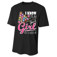 I Know I Play Like A Girl Funny 8Ball Pool Billiard Player Performance Sprint T-Shirt