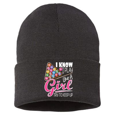 I Know I Play Like A Girl Funny 8Ball Pool Billiard Player Sustainable Knit Beanie