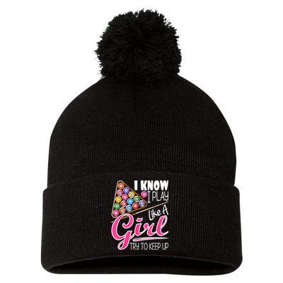 I Know I Play Like A Girl Funny 8Ball Pool Billiard Player Pom Pom 12in Knit Beanie