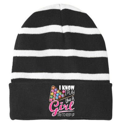 I Know I Play Like A Girl Funny 8Ball Pool Billiard Player Striped Beanie with Solid Band