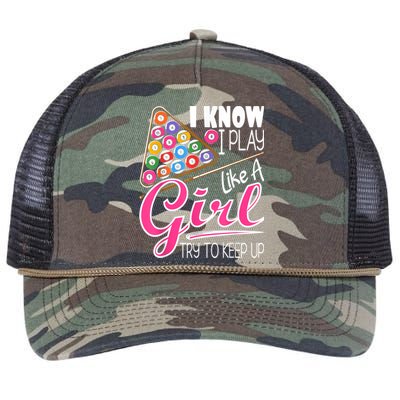 I Know I Play Like A Girl Funny 8Ball Pool Billiard Player Retro Rope Trucker Hat Cap