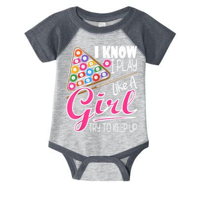 I Know I Play Like A Girl Funny 8Ball Pool Billiard Player Infant Baby Jersey Bodysuit