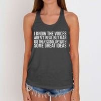 I Kno The Voices Aren't Real But They Come Up With Great Ideas Women's Knotted Racerback Tank