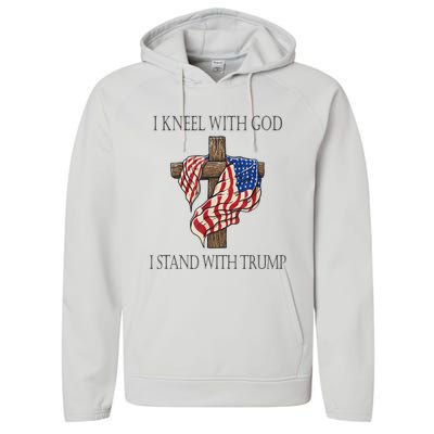 I Kneel With God I Stand With Trump Performance Fleece Hoodie