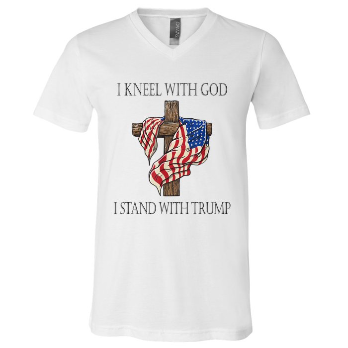 I Kneel With God I Stand With Trump V-Neck T-Shirt