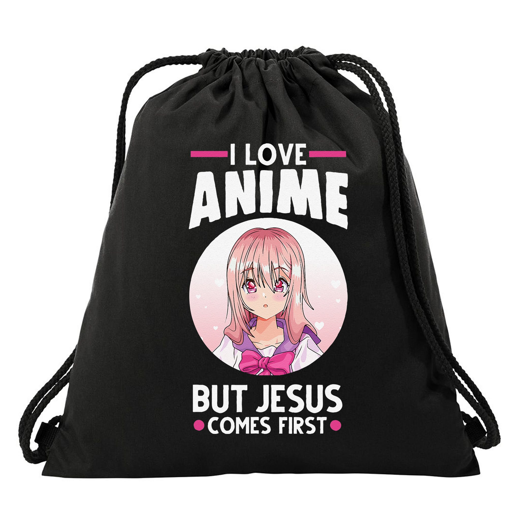 I Love Anime But Jesus Comes First Anime Drawstring Bag