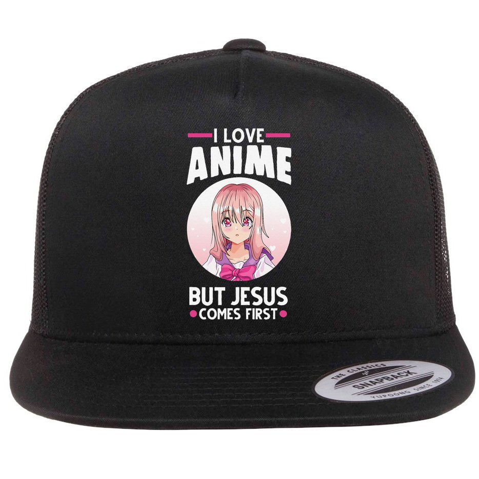 I Love Anime But Jesus Comes First Anime Flat Bill Trucker Hat