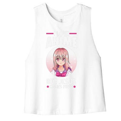 I Love Anime But Jesus Comes First Anime Women's Racerback Cropped Tank