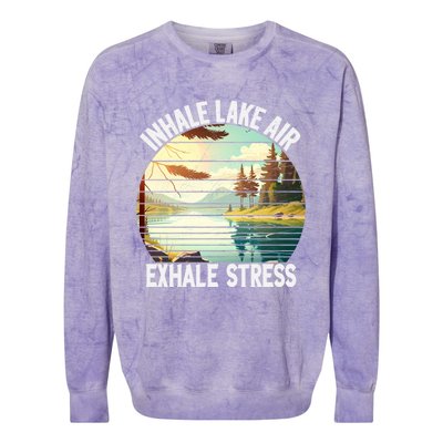 Inhale Lake Air Exhale Stress Funny Meditation Camping Gift Colorblast Crewneck Sweatshirt