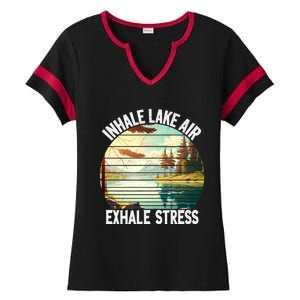 Inhale Lake Air Exhale Stress Funny Meditation Camping Gift Ladies Halftime Notch Neck Tee