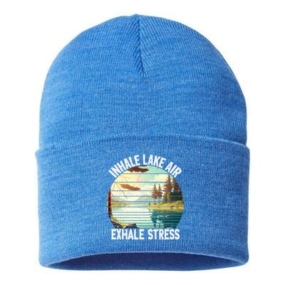 Inhale Lake Air Exhale Stress Funny Meditation Camping Gift Sustainable Knit Beanie