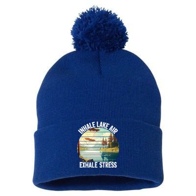 Inhale Lake Air Exhale Stress Funny Meditation Camping Gift Pom Pom 12in Knit Beanie