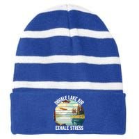 Inhale Lake Air Exhale Stress Funny Meditation Camping Gift Striped Beanie with Solid Band